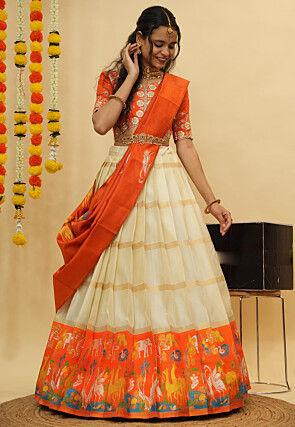 Woven Art Silk Lehenga in Off White