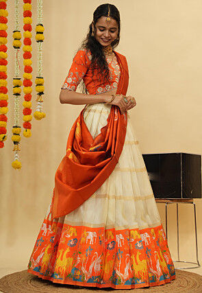 Woven Art Silk Lehenga in Off White