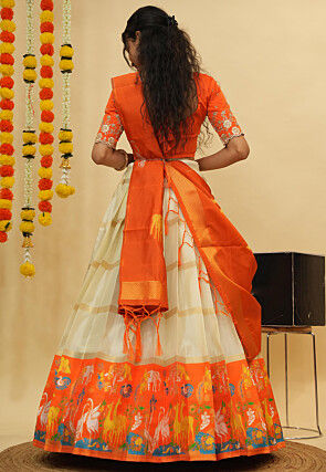 Woven Art Silk Lehenga in Off White