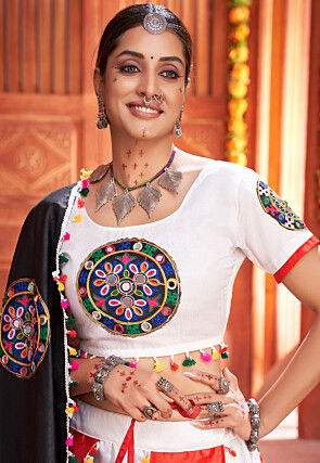 Embroidered Art Silk Lehenga in Off White