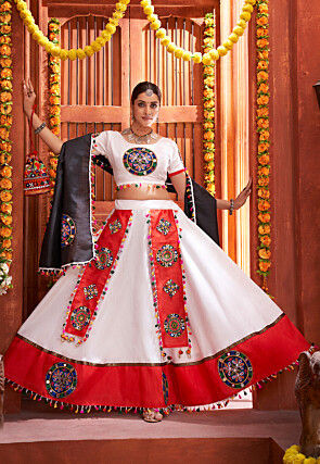 Embroidered Art Silk Lehenga in Off White