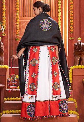 Embroidered Art Silk Lehenga in Off White