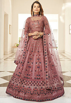 Embroidered Art Silk Lehenga in Old Rose