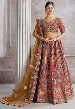 Embroidered Art Silk Lehenga in Old Rose