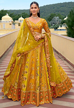 Embroidered Art Silk Lehenga in Olive Green and Mustard
