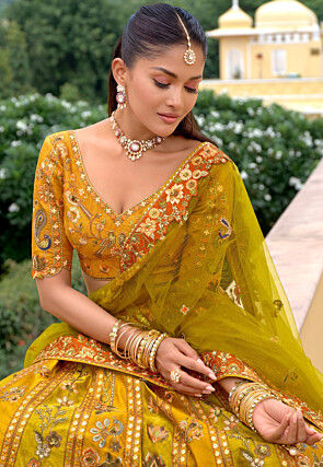Embroidered Art Silk Lehenga in Olive Green and Mustard