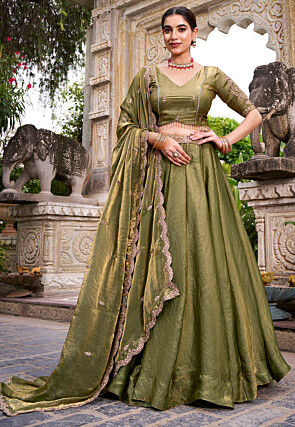 Embroidered Art Silk Lehenga in Olive Green