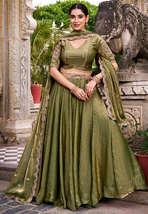 Embroidered Art Silk Lehenga in Olive Green