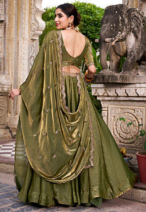 Embroidered Art Silk Lehenga in Olive Green