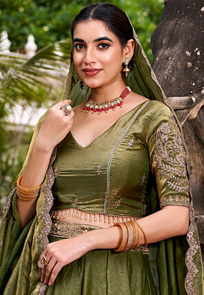Embroidered Art Silk Lehenga in Olive Green