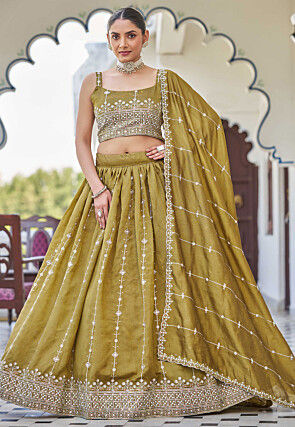 Embroidered Art Silk Lehenga in Olive Green