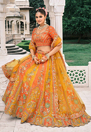 Embroidered Art Silk Lehenga in Orange and Mustard