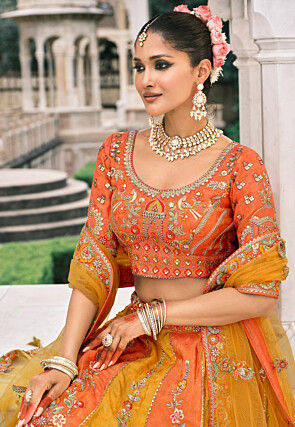 Embroidered Art Silk Lehenga in Orange and Mustard