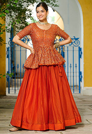 Embroidered Art Silk Lehenga in Orange
