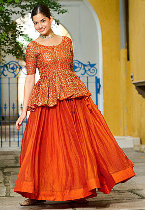 Embroidered Art Silk Lehenga in Orange