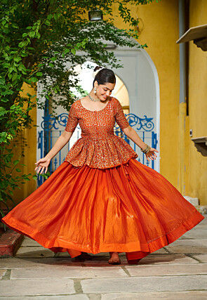 Embroidered Art Silk Lehenga in Orange