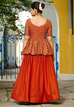 Embroidered Art Silk Lehenga in Orange