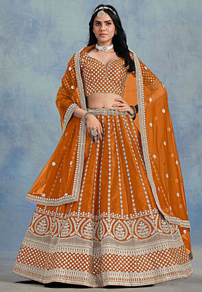 Embroidered Art Silk Lehenga in Orange