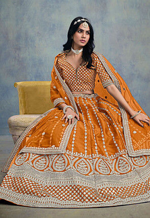 Embroidered Art Silk Lehenga in Orange