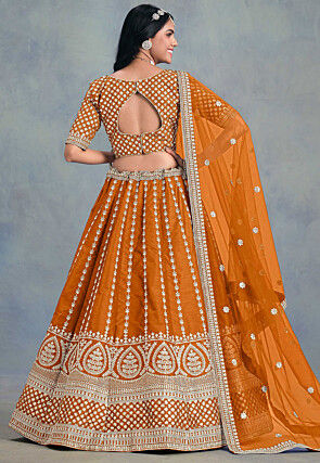 Embroidered Art Silk Lehenga in Orange