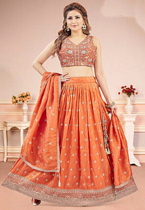 Embroidered Art Silk Lehenga in Orange