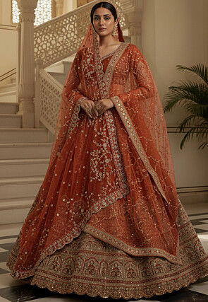 Embroidered Art Silk Lehenga in Orange