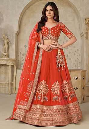 Embroidered Art Silk Lehenga in Orange