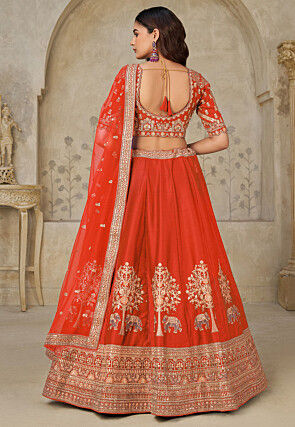 Embroidered Art Silk Lehenga in Orange