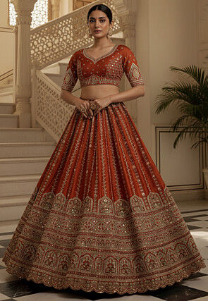 Embroidered Art Silk Lehenga in Orange