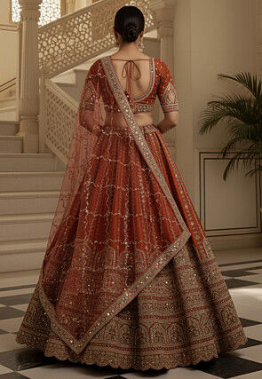 Embroidered Art Silk Lehenga in Orange