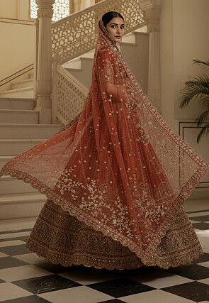Embroidered Art Silk Lehenga in Orange