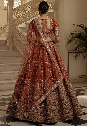 Embroidered Art Silk Lehenga in Orange
