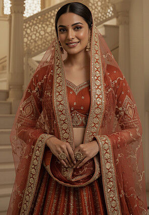 Embroidered Art Silk Lehenga in Orange