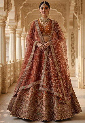 Embroidered Art Silk Lehenga in Orange