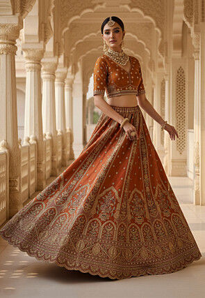 Embroidered Art Silk Lehenga in Orange