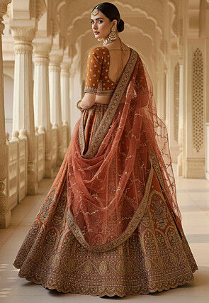 Embroidered Art Silk Lehenga in Orange