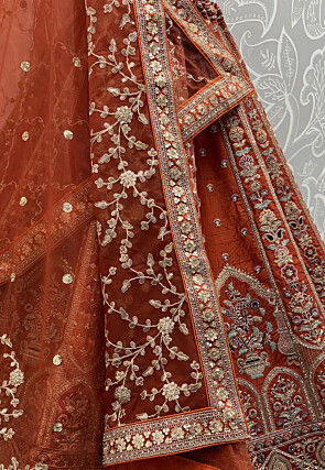 Embroidered Art Silk Lehenga in Orange