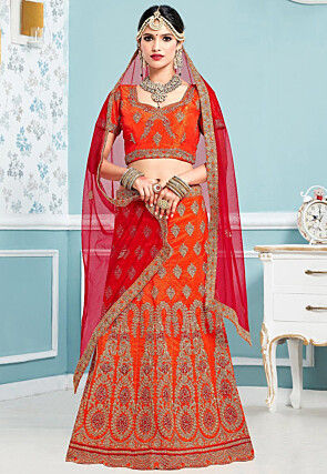 Embroidered Art Silk Lehenga in Orange