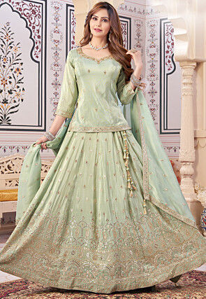 Embroidered Art Silk Lehenga in Pastel Green