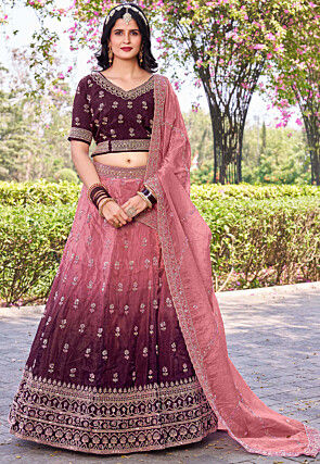 Embroidered Art Silk Lehenga in Peach and Maroon Shaded
