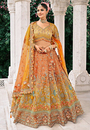 Embroidered Art Silk Lehenga in Peach and Mustard
