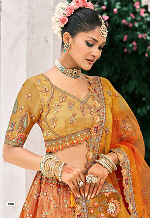 Embroidered Art Silk Lehenga in Peach and Mustard