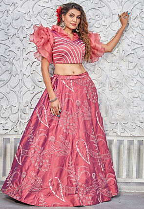 Embroidered Art Silk Lehenga in Peach