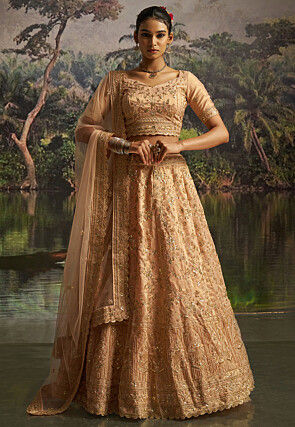 Embroidered Art Silk Lehenga in Peach