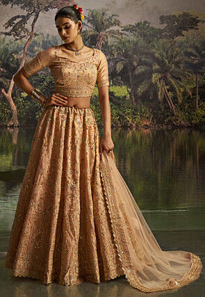 Embroidered Art Silk Lehenga in Peach