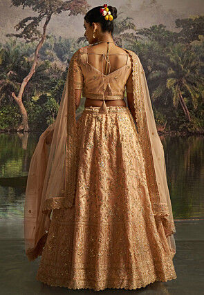 Embroidered Art Silk Lehenga in Peach