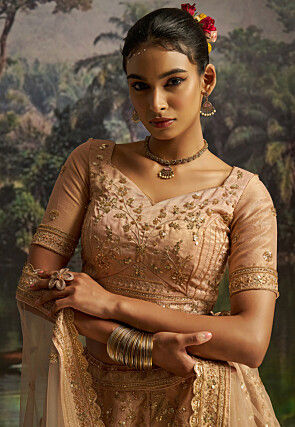 Embroidered Art Silk Lehenga in Peach