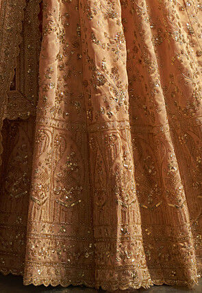 Embroidered Art Silk Lehenga in Peach