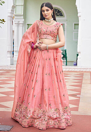 Embroidered Art Silk Lehenga in Peach