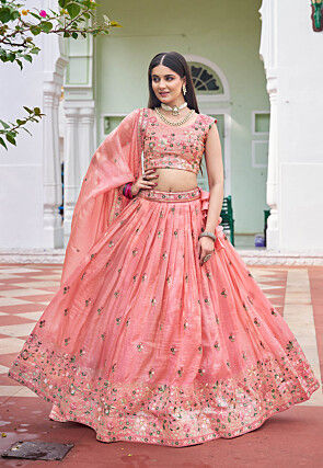 Embroidered Art Silk Lehenga in Peach